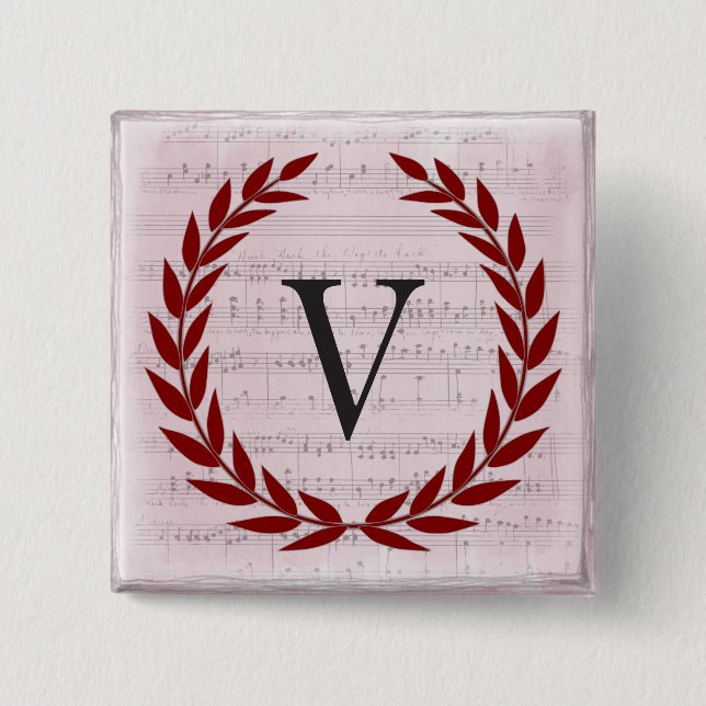 Laurel Wreath Sheet Music Monogram Initial V 15 Cm Square Badge (Front)