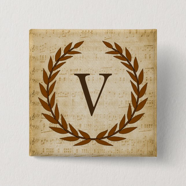 Laurel Wreath Sheet Music Monogram Initial V 15 Cm Square Badge (Front)