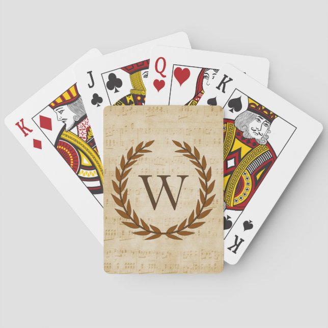 Laurel Wreath Sheet Music Monogram Initial W Playing Cards (Back)