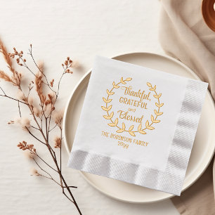 Laurel Wreath Thankful Grateful and Blessed Family Foil Napkins