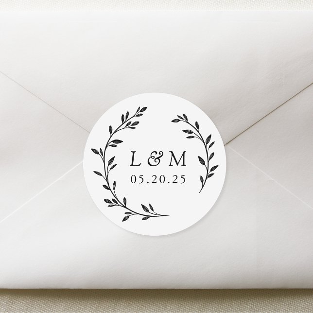 Laurel Wreath Wedding Monogram Classic Round Sticker (Creator Uploaded)