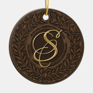 Laurel Wreath with Gold Monogram in Brown Ceramic Tree Decoration