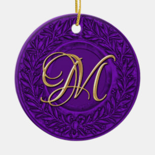 Laurel Wreath with Gold Monogram in Purple Ceramic Tree Decoration