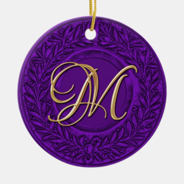 Laurel Wreath with Gold Monogram in Purple Ceramic Tree Decoration (Front)