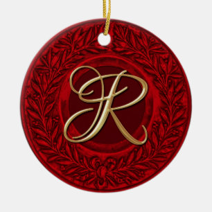 Laurel Wreath with Gold Monogram in Red Ceramic Tree Decoration