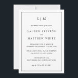 Lauren Black and White Elegant  Wedding Reception Invitation<br><div class="desc">Simple Wedding Announcement with reception invitation featuring a modern yet elegant design with your two letter monogram at the top and your details surrounded by a thin border. All text is in black, over a white background and the backside is solid black. The fonts and background colours may be changed...</div>