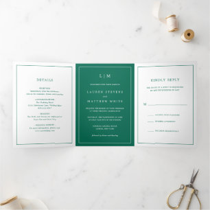 Lauren Emerald Green Monogram Elegant Wedding Tri-Fold Invitation