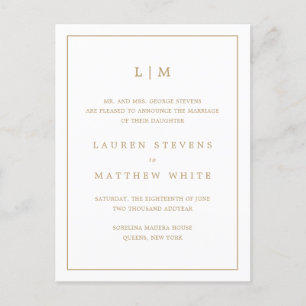 Lauren Gold Monogram Elegant Wedding Announcement Postcard