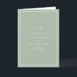 Lauren Sage Green Monogram Elegant Wedding Programme<br><div class="desc">Simple folded wedding program featuring a modern yet elegant design. The cover has your two initial monogram along with your wedding details in white over a sage green background. The inside has your wedding party on the left side and your order of ceremony on the right side. The backside has...</div>