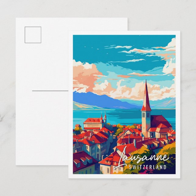 Lausanne Switzerland vintage travel illustration Postcard (Front/Back)