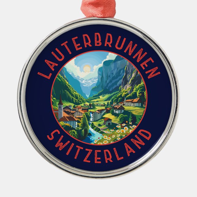 Lauterbrunnen Switzerland Retro Distressed Circle Metal Tree Decoration (Front)
