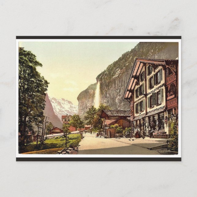 Lauterbrunnen Valley, street view with Staubbach W Postcard (Front)