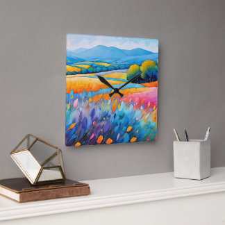 "Lavande Serenité". Wide Landscape Provence Square Wall Clock
