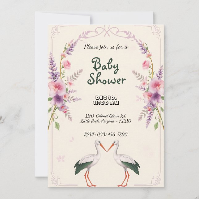 Lavander Flowers with Storks Baby Shower Invitation (Front)