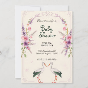 Lavander Flowers with Storks Baby Shower Invitation