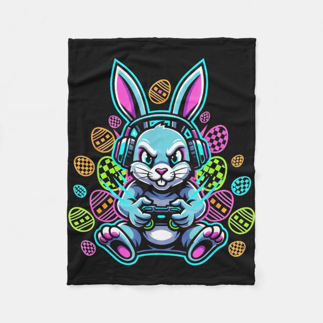 Lavel up gamer easter cute bunny rabbit headset fleece blanket (Front)