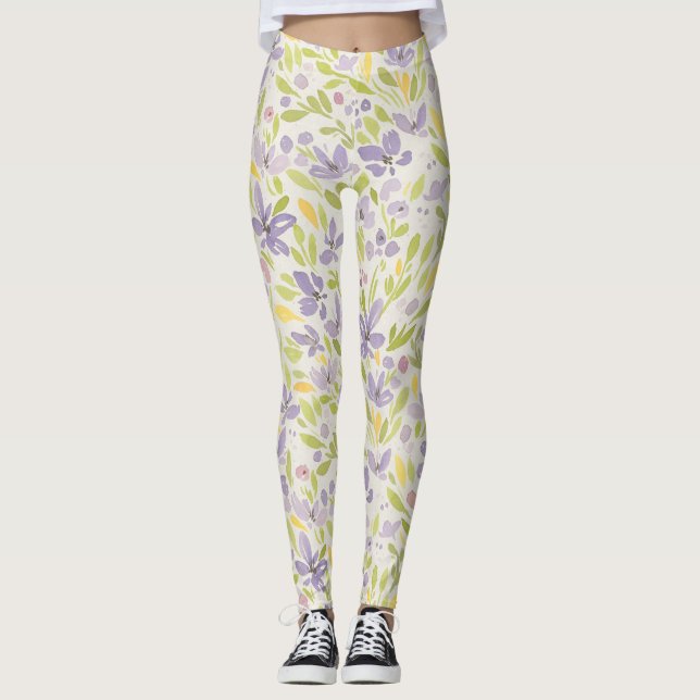 Lavendar and Green Spring Floral  Design Leggings (Front)