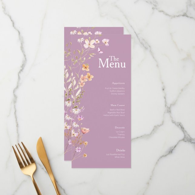 Lavendar Flowers Wedding Event Menu Table Decor (Front/Back In Situ)