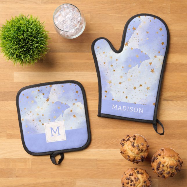 Lavendar Golden Star Pattern Oven Mitt & Pot Holder Set (Top Down)