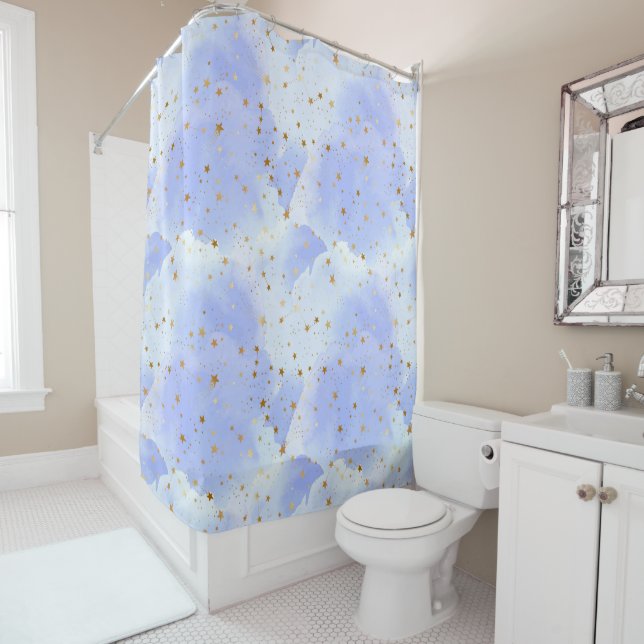 Lavendar Golden Star Pattern Shower Curtain (In Situ)