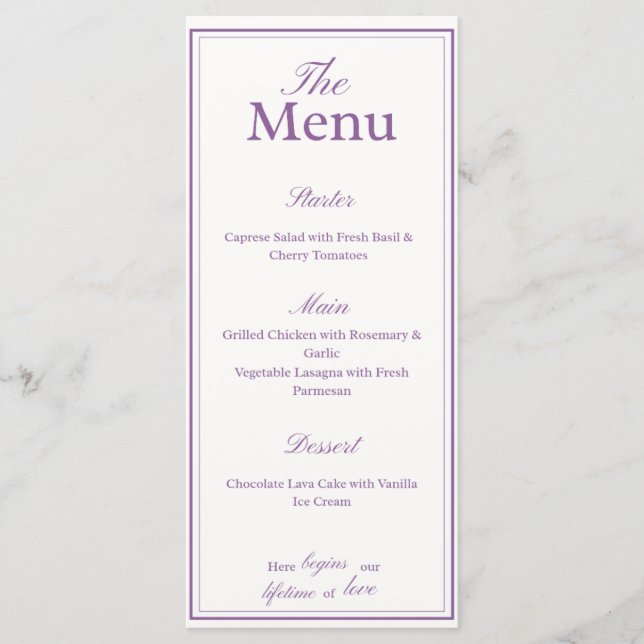 Lavendar Lilac Menu Card, weddings, dinner party (Front)