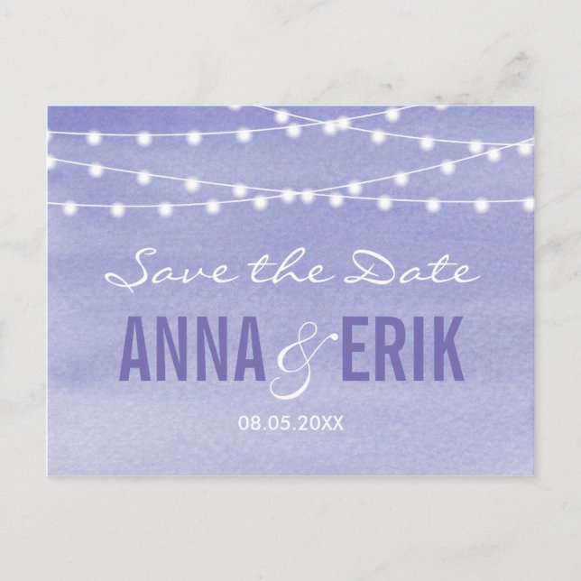 Lavendar Watercolor String Lights Save The Date Announcement Postcard (Front)