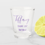 Lavender 21st birthday shot glass<br><div class="desc">Celebrate your 21st birthday with this lovely shot glass.  Your name is written in lavender cursive text with "Happy 21st birthday" printed underneath in matching colours.  Easy to customise,  personalise yours today!</div>