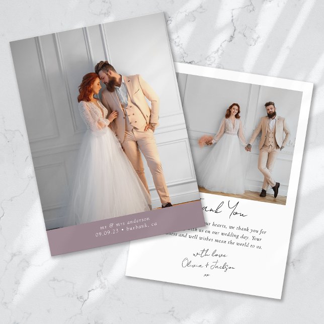 Lavender 2 Photo Calligraphy Wedding Thank You Card (Creator Uploaded)