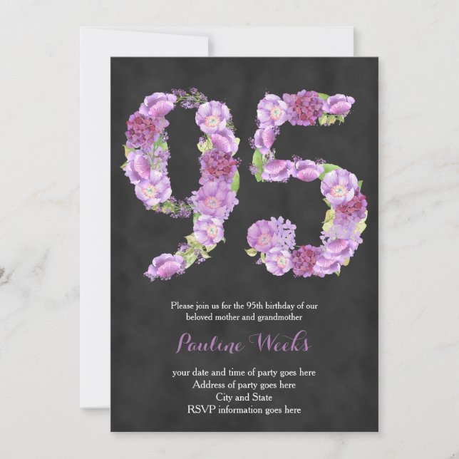 lavender 95th birthday invites, floral invitations (Front)