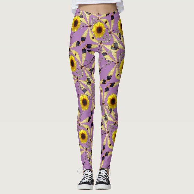 Lavender Abstract Sunflower Dragenfly  Leggings (Front)
