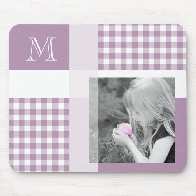 Lavender Add Your Photo Gingham Modern Monogram Mouse Pad (Front)