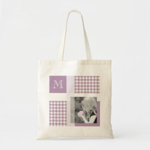 Lavender Add Your Photo Gingham Modern Monogram Tote Bag