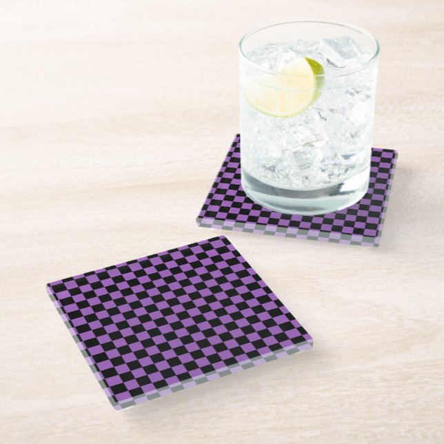 Lavender and Black Chequered Pattern  Glass Coaster (Angled)