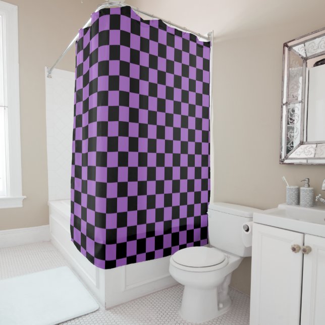 Lavender and Black Chequered Pattern  Shower Curtain (In Situ)