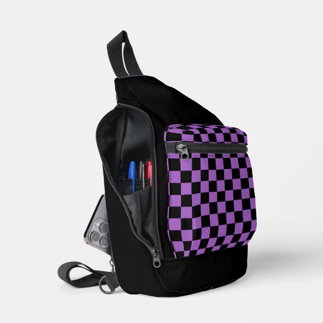 Lavender and Black Chequered Pattern  Sling Bag (Open)