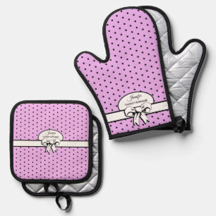 Lavender and Black Polka Dots and Bow Personalised Oven Mitt & Pot Holder Set