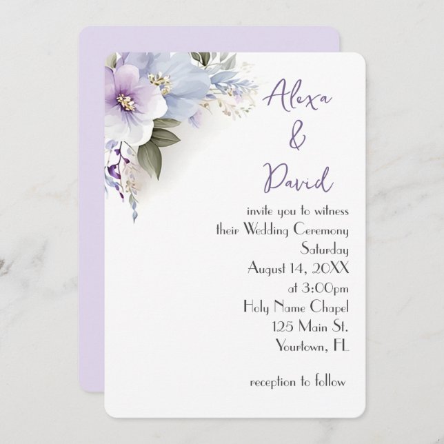 Lavender and Blue Floral Wedding Invite (Front/Back)