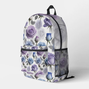 Lavender And Blue Roses Set On A Cloudy Gray Printed Backpack