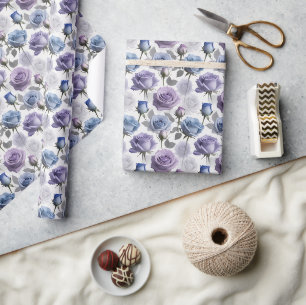 Lavender And Blue Roses Set On A Cloudy Gray Wrapping Paper