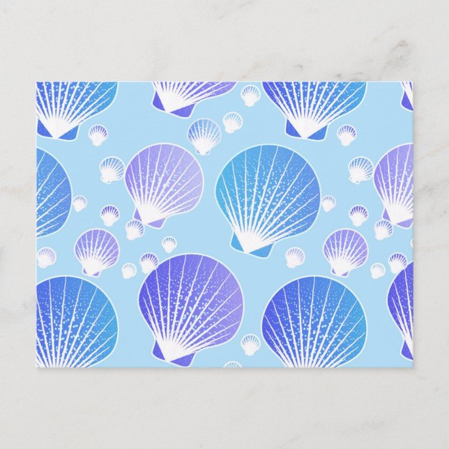 Lavender and blue seashells on pale blue postcard (Front)