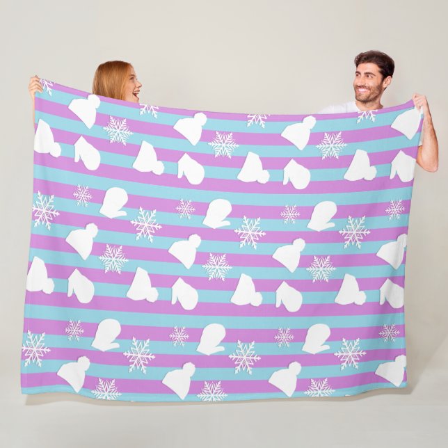 Lavender and Blue Snowflakes, Mittens and Hats Fleece Blanket (In Situ)