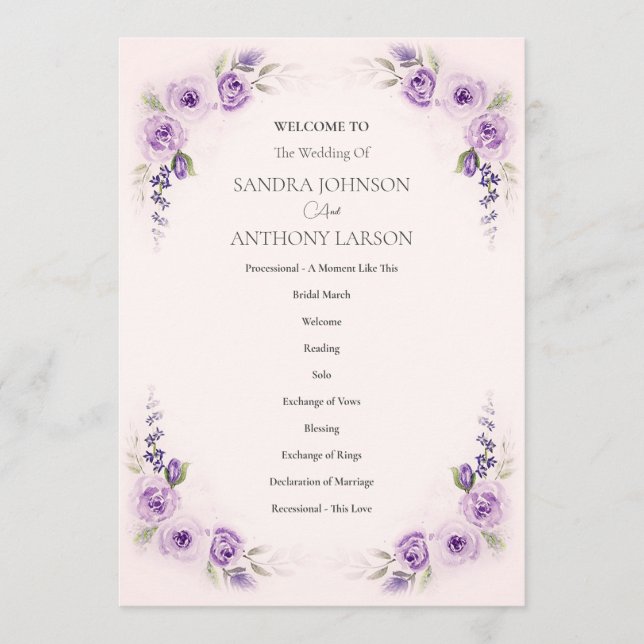 Lavender and Blush Rose Wedding Program Programme (Front)