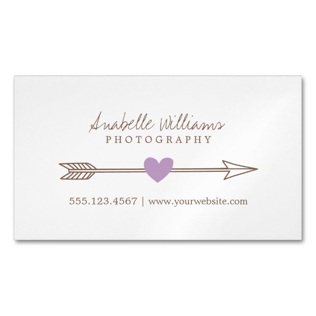 Lavender and Brown Heart and Arrow Magnetic Business Card (Front)
