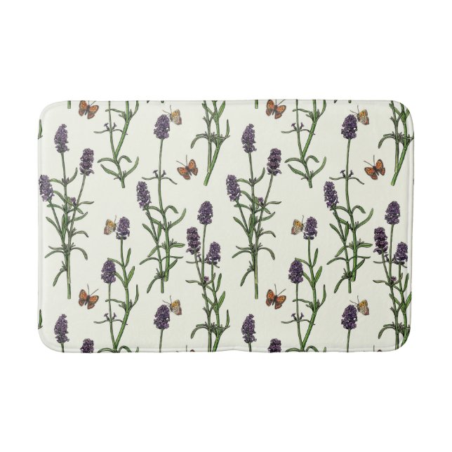 Lavender and butterflies on off white bath mat (Front)