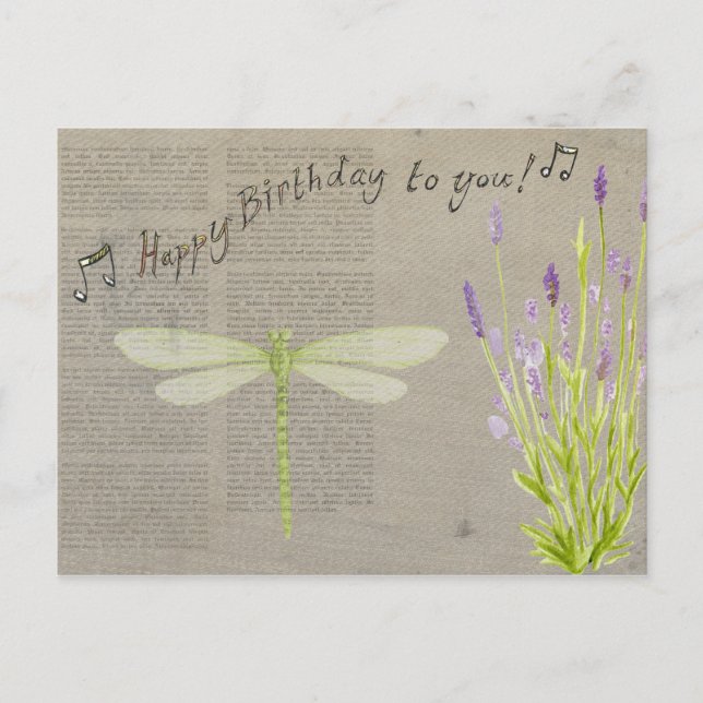 Lavender and Dragonfly Happy Birthday Postcard (Front)