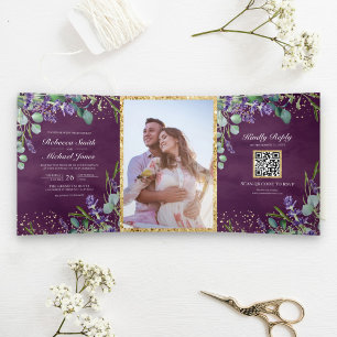 Lavender and Eucalyptus Purple QR Code Wedding Tri-Fold Invitation