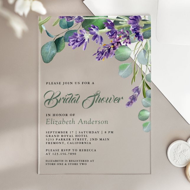 Lavender and Eucalyptus White Marble Bridal Shower Acrylic Invitations (Creator Uploaded)