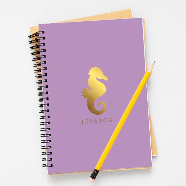 Lavender and Faux Gold Foil Seahorse Personalised Spiral Notebook (Creator Uploaded)