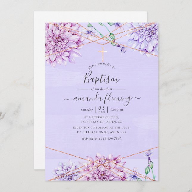 Lavender and Gold Floral Geometric Baptism Invitation (Front/Back)