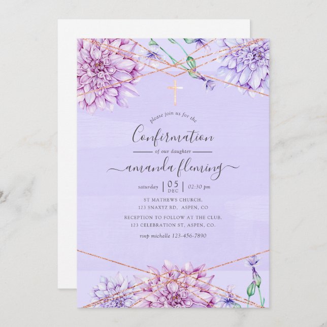 Lavender and Gold Floral Geometric Confirmation Invitation (Front/Back)